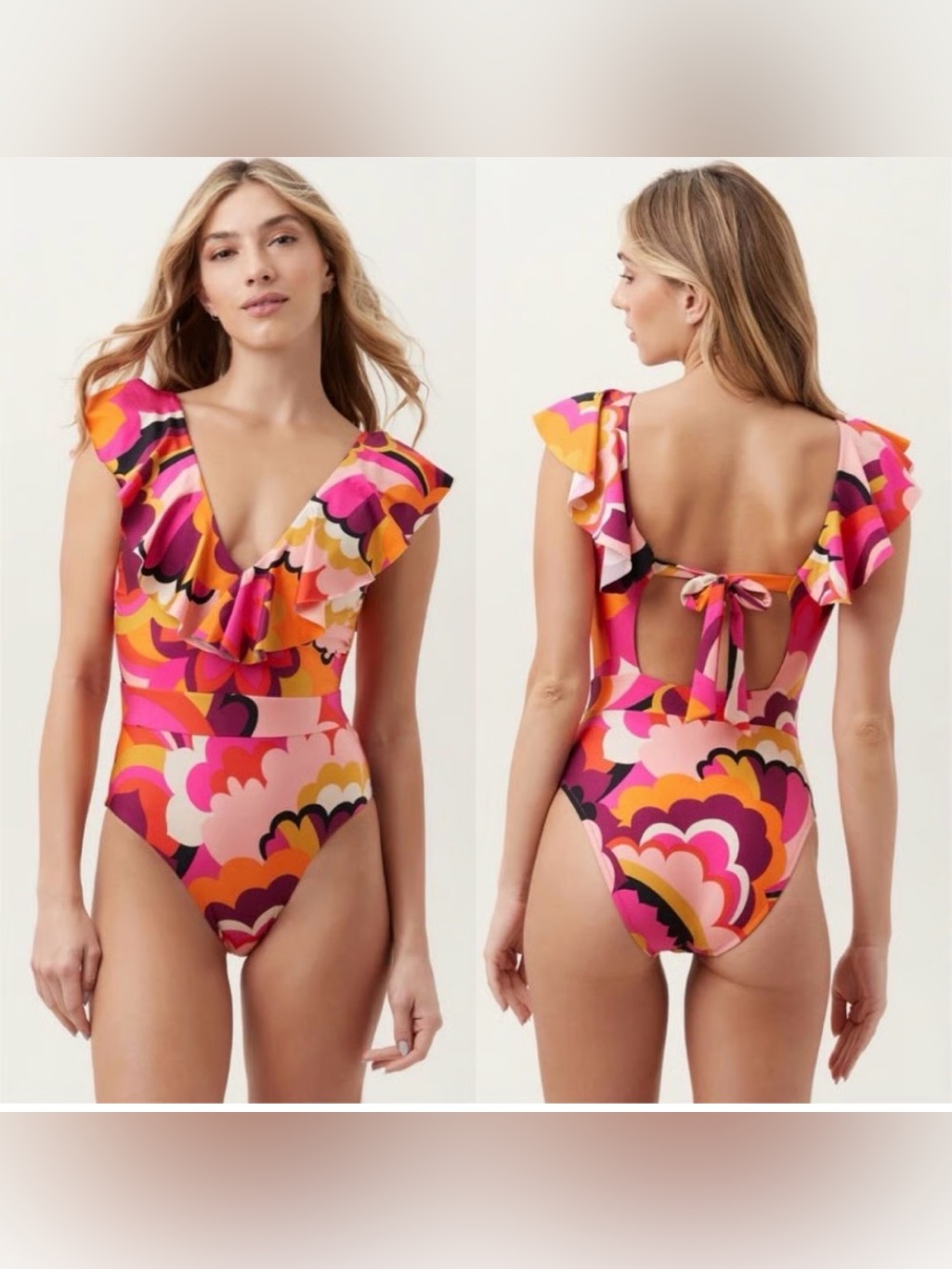 New Trina Turk Fan Faire Ruffle Plunge One Piece Swimsuit Orange Pink Sz 8 Nwt